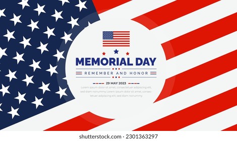 Happy Memorial Day Background o planilla de diseño de banners con el Vector de bandera de EE.UU. Recuerden y honren.  Ilustración del feriado nacional americano. Tarjeta de bienvenida Vector Memorial Day o diseño de fondo.