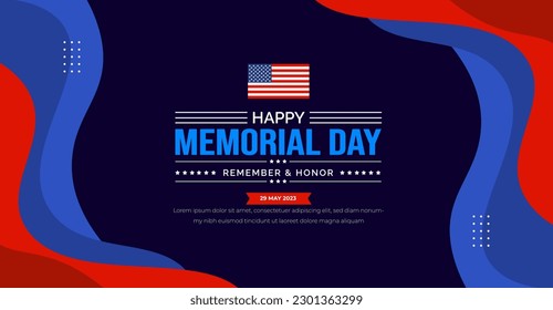 Happy Memorial Day Background or banner design template with USA flag Vector. Remember and Honor.  National American holiday illustration. Vector Memorial day greeting card or background design.