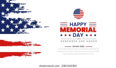 Happy Memorial Day Background o planilla de diseño de banners con el Vector de bandera de EE.UU. Recuerden y honren.  Ilustración del feriado nacional americano. Tarjeta de bienvenida Vector Memorial Day o diseño de fondo.