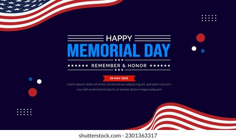 Happy Memorial Day Background or banner design template with USA flag Vector. Remember and Honor.  National American holiday illustration. Vector Memorial day greeting card or background design.