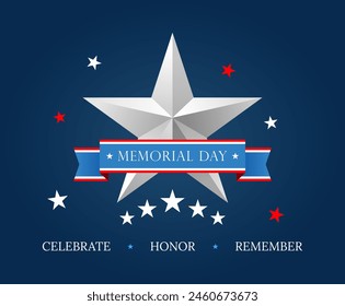 Happy Memorial Day background. National american holiday illustration. American flag and text on blue with stars background for Memorial Day