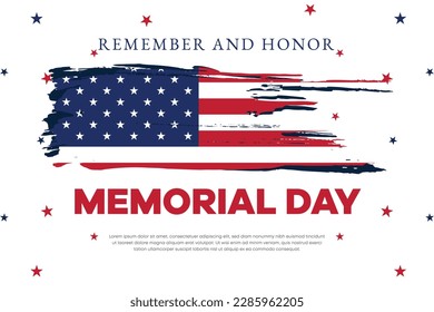 Plantilla de fondo de Happy Memorial Day. Afiche del Feliz Día de la Conmemoración. Recuerden y honren sobre la bandera estadounidense. Cartel patriótico. Ilustración vectorial.