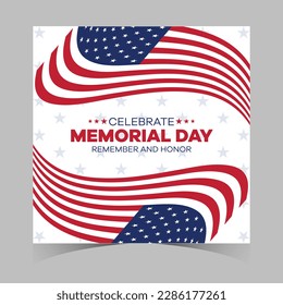 Plantilla de fondo de Happy Memorial Day. Afiche del Feliz Día de la Conmemoración. Recuerden y honren sobre la bandera estadounidense. Cartel patriótico. Ilustración del vector