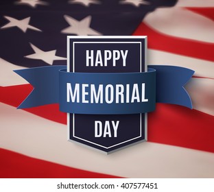 Happy Memorial Day Background Template. Shield With Blue Ribbon On Top Of American Flag.  Patriotic Banner. Vector Illustration.