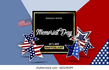 Happy Memorial Day background template. Stars and American flag. Patriotic banner. Vector illustration.