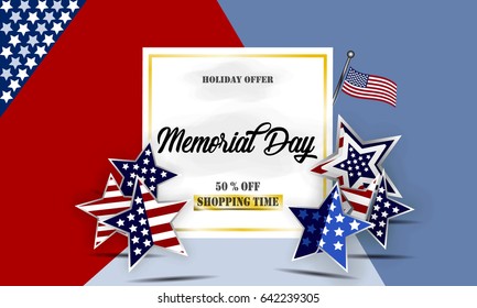 Happy Memorial Day background template. Stars and American flag. Patriotic banner. Vector illustration.