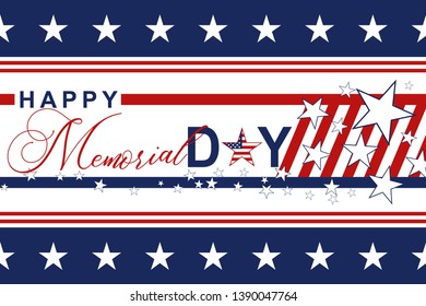 Happy Memorial Day background with US national flag, stars and stripes. Template for Memorial Day invitation, greeting card, banner and advertising. Vector illustration.