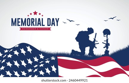 Happy Memorial Day Banner Design. Memorial Day USA Celebration Background with Text and Soldier Kneeling Vector Illustration