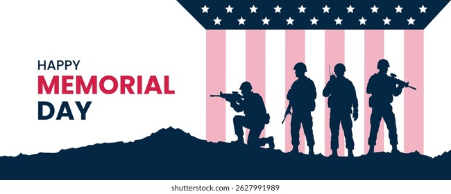 Happy Memorial Day Banner, Silhouetted Soldiers Tribute, American Flag Background