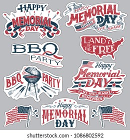 Happy Memorial Day. Barbecue party vintage labels. Set of holiday retro stickers. Hand-lettering with textured handcrafted letters and drawings