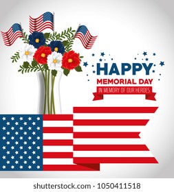 happy memorial day with beautiful flowers and usa flags