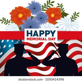 happy memorial day with beautiful flowers and soldier silhouette
