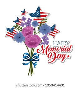 happy memorial day with beautiful flowers and usa flags