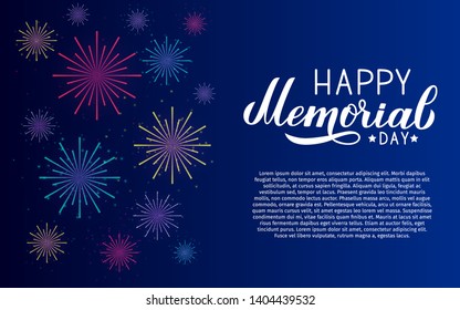 Happy Memorial Day calligraphy lettering. Fireworks on night sky background. American patriotic typography poster. Vector illustration. Easy to edit template for banner, greeting card, postcard, flyer