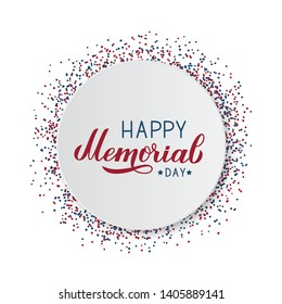 Happy Memorial Day calligraphy lettering on white paper plate. American patriotic celebration poster. Easy to edit vector template for logo design, banner, greeting card, postcard, sign, flyer.