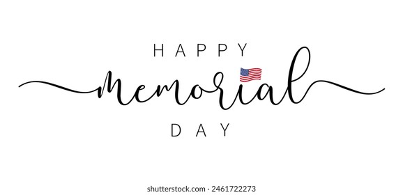 Happy Memorial Day calligraphy and waving flag. Handwritten text Memorial Day and flag of USA. Vector illustration