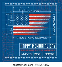 Happy Memorial Day card or banner. American flag design as a blueprint or diagram. Remember our heroes vector illustration. For social media, banners, cards and posters