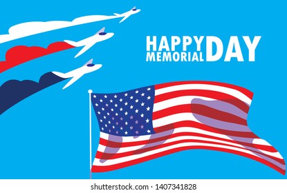 happy memorial day card with flag usa and airplanes