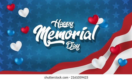 Happy memorial day is celebrated concept at realistic heart shaped balloons in the American flag. Card, party, flyer, poster, banner, web, advertising Vector illustration.