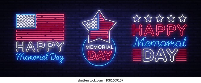 Happy Memorial Day collection neon signs. Neon signboard greeting card, light banner, night sign advertising celebration Memorial Day, USA Holiday. Vector illustration