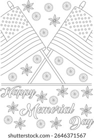 Happy Memorial Day Coloring Page with USA Flags, Stars, and Floral Designs, Ideal for Children's Holiday Activity Books and Patriotic Celebrations - Black and White Outline Vector Illustration