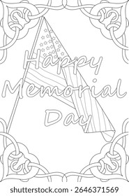 Página colorida do Feliz Dia Memorial com um design de bandeira americana com estrelas e listras, situado dentro de um quadro elegante de nó celta, perfeito para celebrações patrióticas e atividades de lembrança.