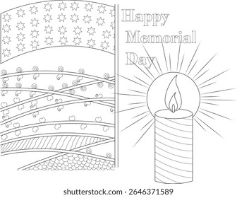 Happy Memorial Day Coloring Page with US Flag and Candle Illustration. Patriotic Holiday Art for Children and Adults to Honor and Remember Fallen Heroes, Perfect for Relaxation and Mindfulness.