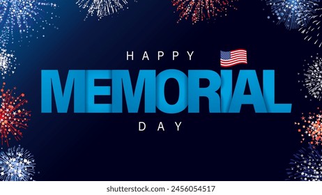 Happy Memorial Day kreative Inschrift auf dunkelblauem Hintergrund. Text Gedenktag und buntes Feuerwerk. Vektorillustration