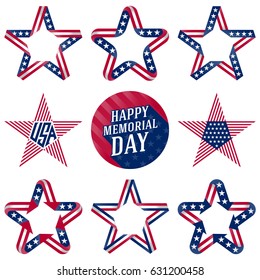 Happy Memorial Day design elements. Stars made of ribbon in national flag colors and symbols. Vector illustration.