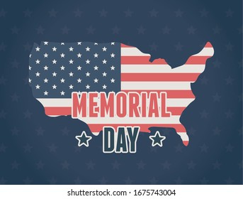 happy memorial day, flag in map national blue background american celebration vector illustration