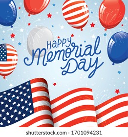 happy memorial day with flag usa and balloons helium decoration vector illustration design