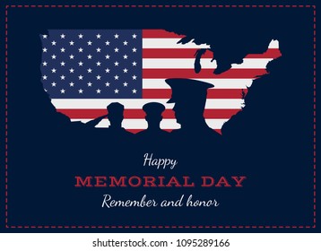 Happy memorial day. Greeting card with USA flag, map and soldier. National American holiday event. Flat Vector illustration EPS10.