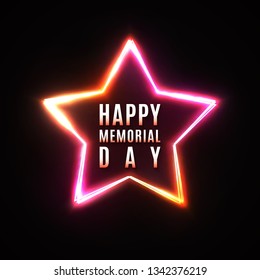 Happy Memorial Day greeting card on dark star background. USA national event banner. Memorial Day design in 80s neon style. Bright glowing logo. Star frame. Greeting Card. Color vector illustration.