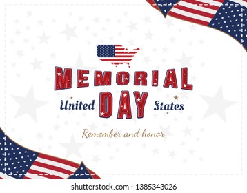 Happy Memorial Day. Greeting card with original font and USA map and flag. Template for American holidays. Flat illustration EPS10.