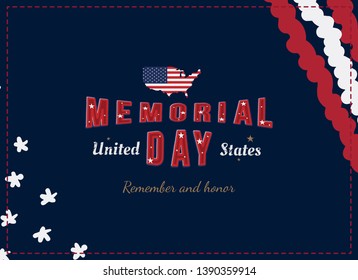 Happy Memorial Day. Greeting card with original font and USA map and flag. Template for American holidays. Flat illustration EPS10.