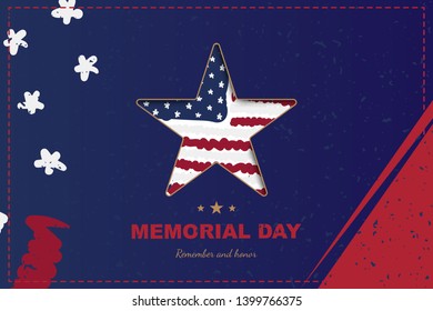 Happy memorial day. Greeting card with star close up and USA flag with shadow. National American holiday event. Flat Vector illustration EPS10