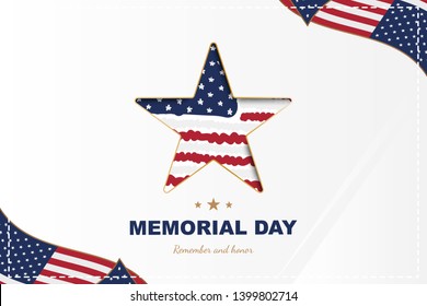 Happy memorial day. Greeting card with star close up and USA flag with shadow. National American holiday event. Flat Vector illustration EPS10