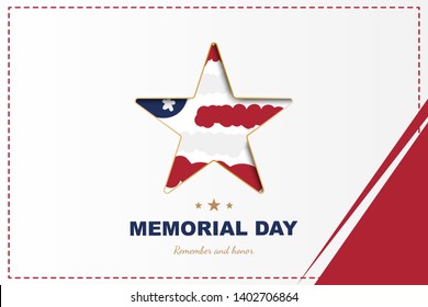 Happy memorial day. Greeting card with star close up and USA flag with shadow. National American holiday event. Flat Vector illustration EPS10