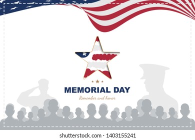 Happy Memorial Day. Greeting card template with Usa flag with star and veteran silhouettes on white background. National American holiday event.