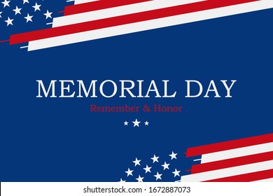 Happy Memorial Day. Greeting card with USA flag on blue background with texture. National American holiday event. Flat vector illustration EPS10