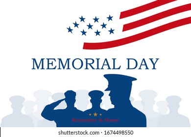 Happy Memorial Day. Greeting card with USA flag and silhouette soldiers on white background. National American holiday event. Flat vector illustration EPS10