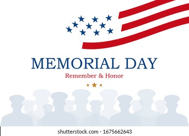 Happy Memorial Day. Greeting card with USA flag and silhouette soldiers on white background. National American holiday event. Flat vector illustration EPS10