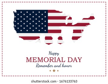 Happy Memorial Day. Greeting card with USA flag and map with silhouette soldiers on the background. National American holiday event. Flat vector illustration EPS10