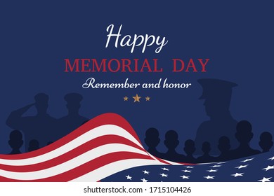 Happy Memorial Day. Greeting card with USA flag and silhouette soldiers on blue background. National American holiday event. Flat vector illustration EPS10