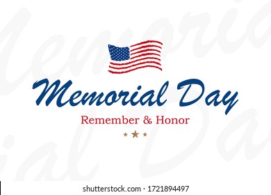 Happy Memorial Day. Greeting card with USA flag on white background with lettering typography. National American holiday event. Flat vector illustration EPS10