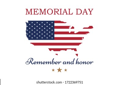 Happy Memorial Day. Greeting card with USA flag and map on white background with texture. National American holiday event.