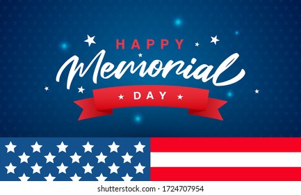 Happy Memorial Day Greeting Card Vector Design. Text on blue star pattern background with USA flag