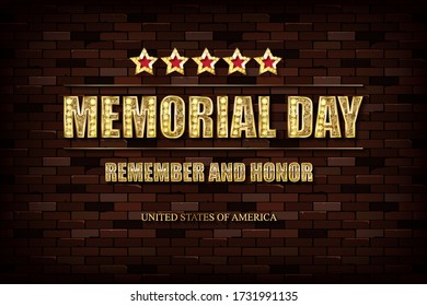 Happy Memorial Day. Greeting card. Solemn gold letters against a vintage brick wall. Vector illustration