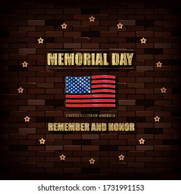 Happy Memorial Day. Greeting card. Solemn gold letters against a vintage brick wall. Vector illustration