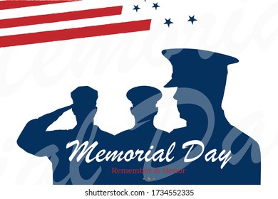 Happy Memorial Day. Greeting card with USA flag and silhouette soldiers on white background.